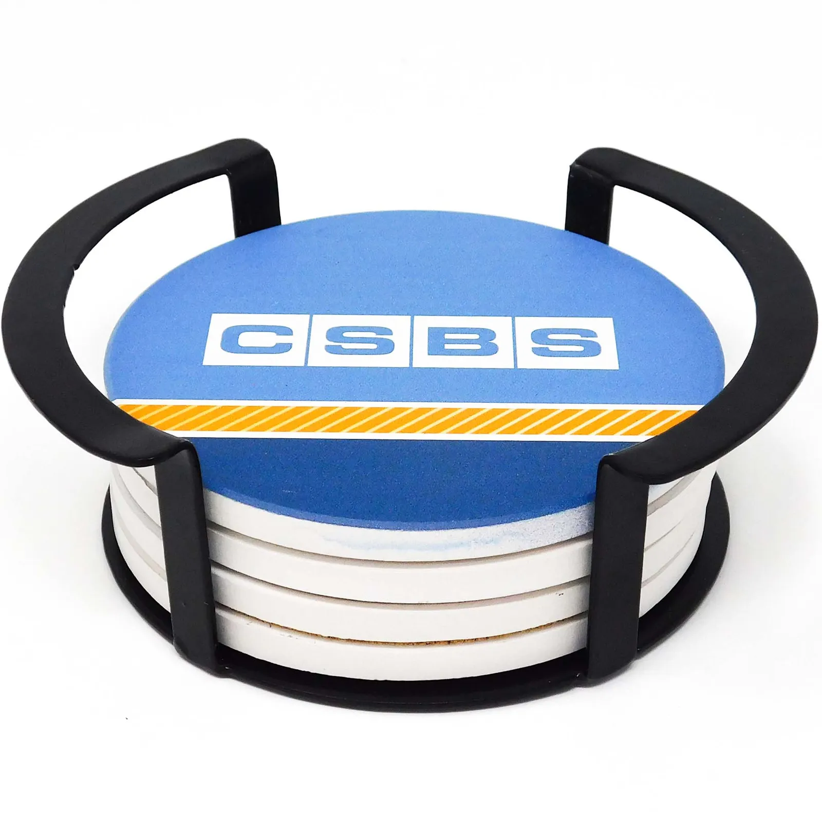 Coaster Set Round Ceramic 4 Piece Metal Stand - 4.875 in