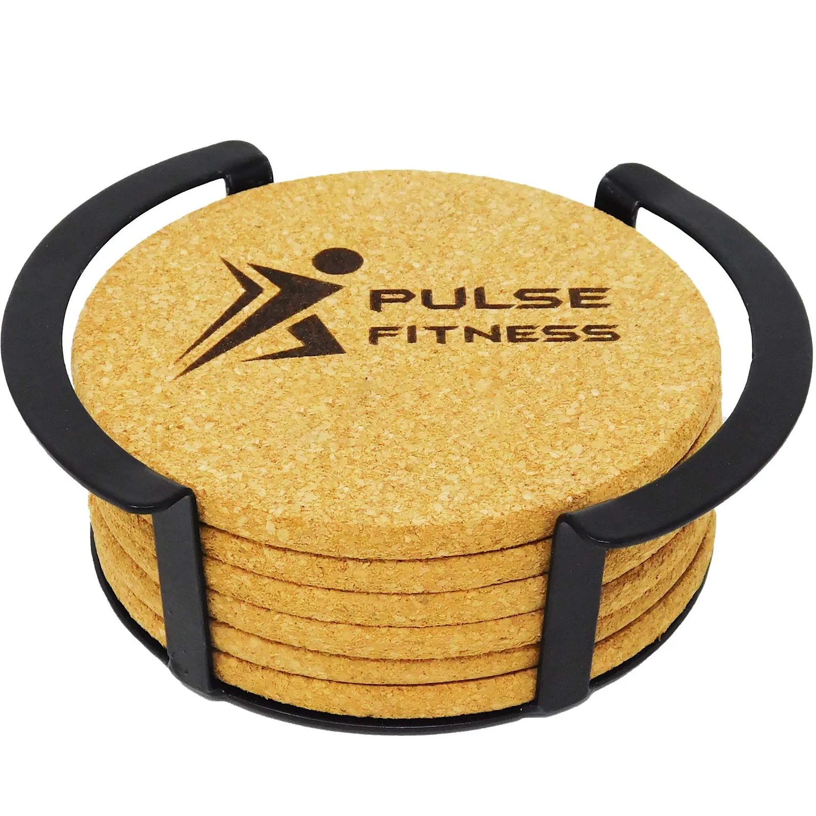 Coaster Set Round Cork 6 Piece Metal Stand - 4.875 in