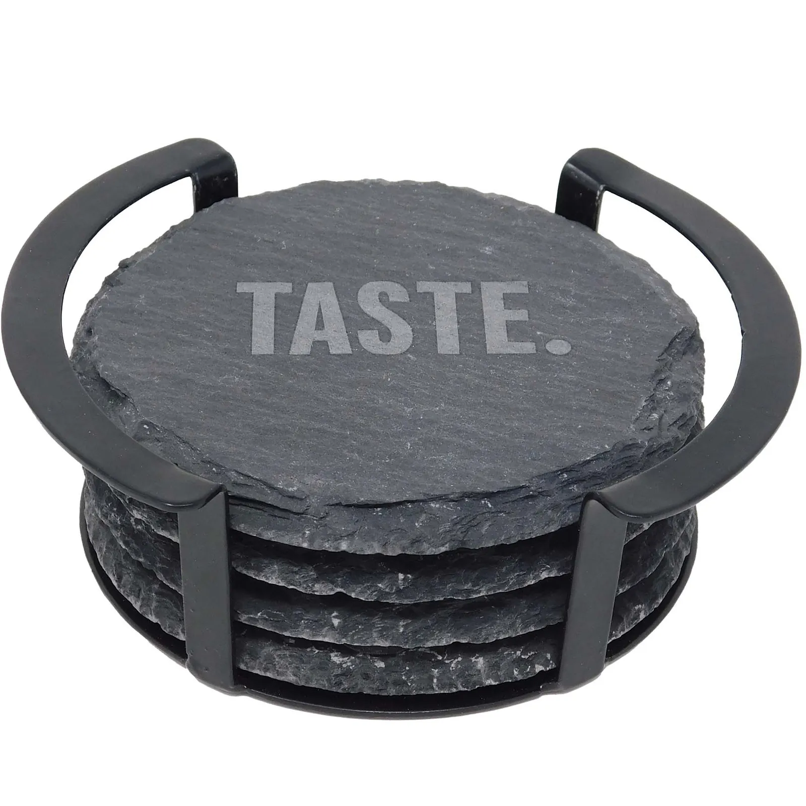 Coaster Set Round Slate 4 Piece Metal Stand - 4.875 in