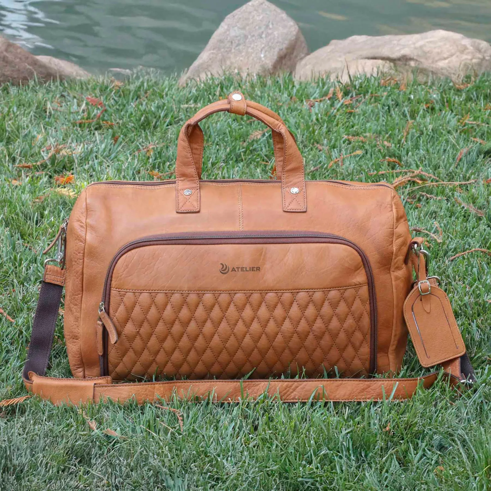 Leather Duffel Bag with Diamond Lining - 19.5 x 12 x 8 in