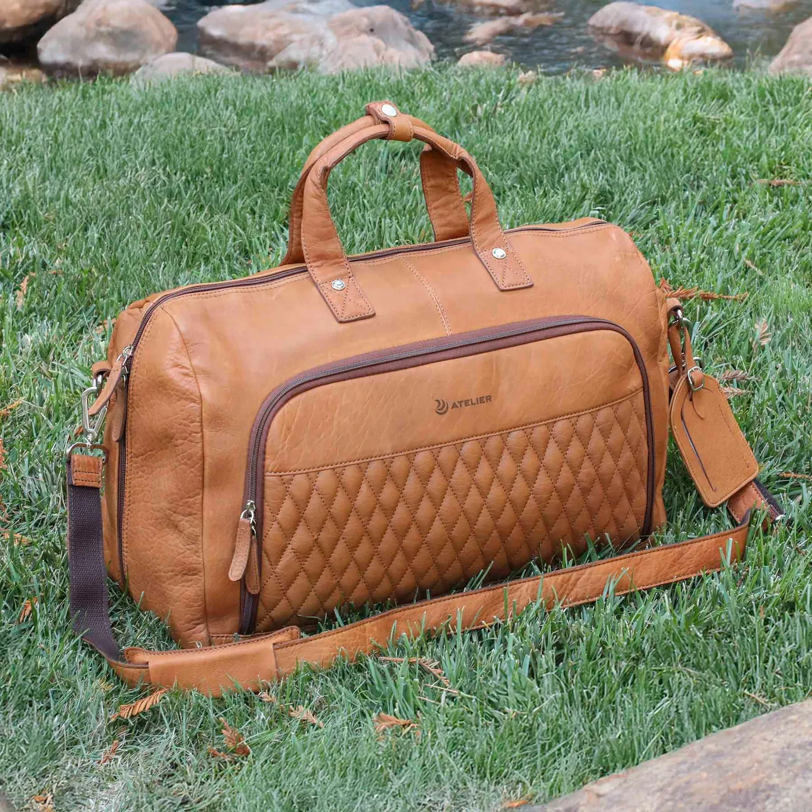 Leather Duffel Bag with Diamond Lining - 19.5 x 12 x 8 in - product view 2