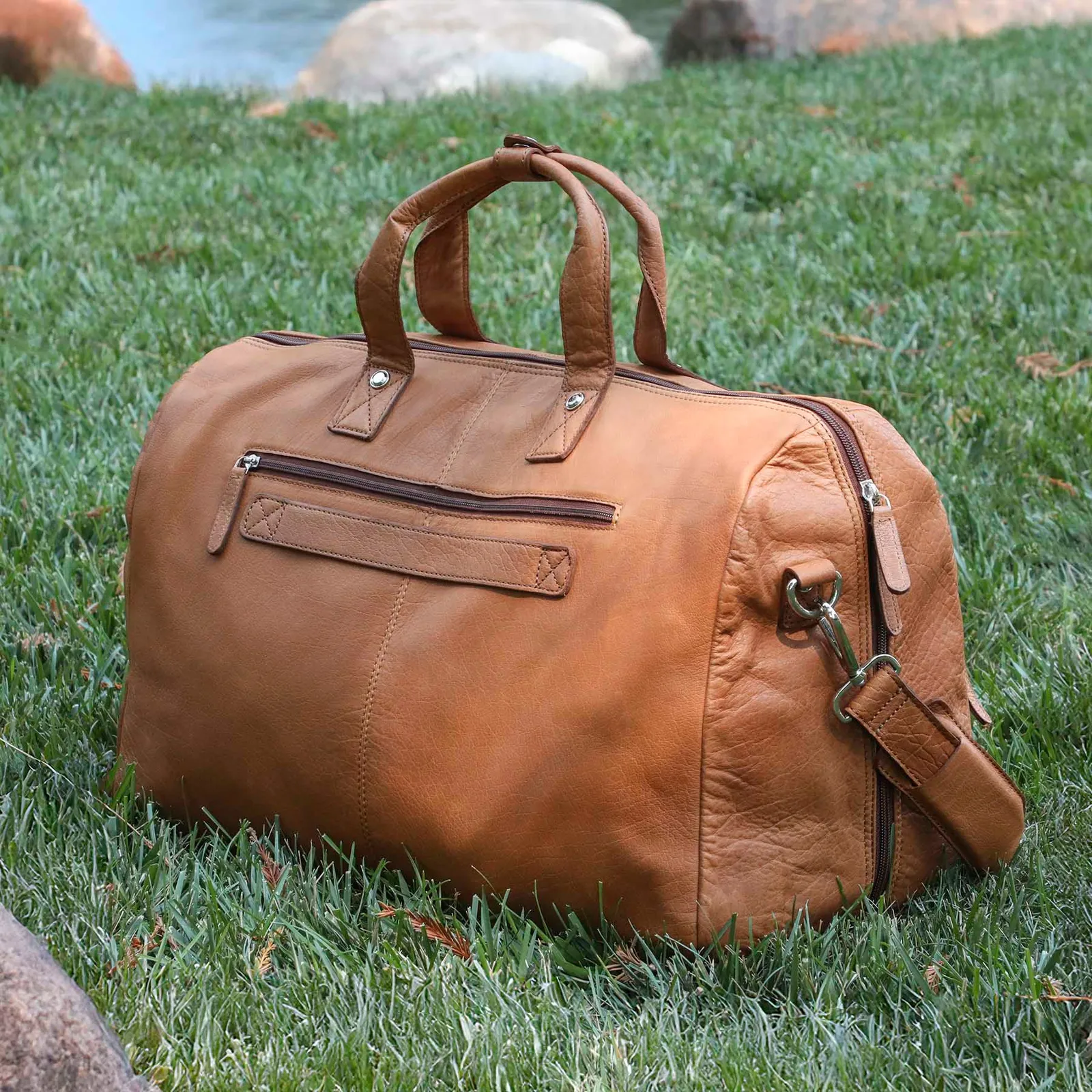 Leather Duffel Bag with Diamond Lining - 19.5 x 12 x 8 in - product view 4