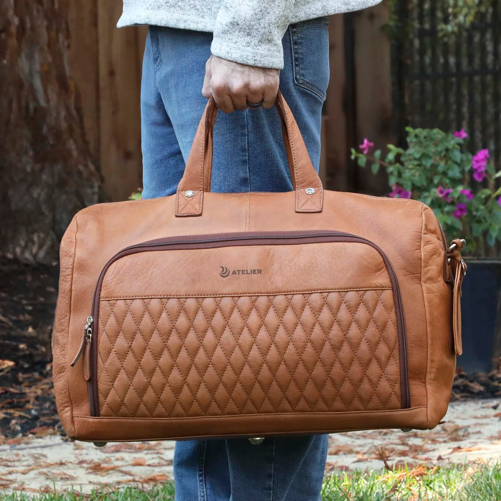 Leather Duffel Bag with Diamond Lining - 19.5 x 12 x 8 in - product view 7