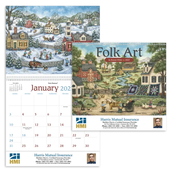 Folk Art Wall Calendar Early American Customs - 18.5 x 11 in