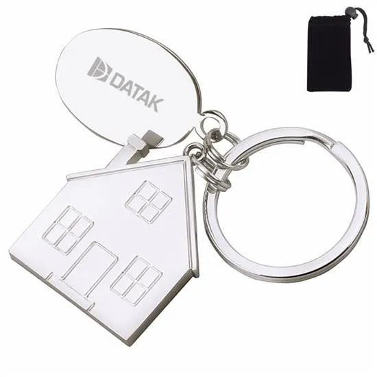 Custom Keychain House Tag Silver Zinc with Pouch - 2.75 in