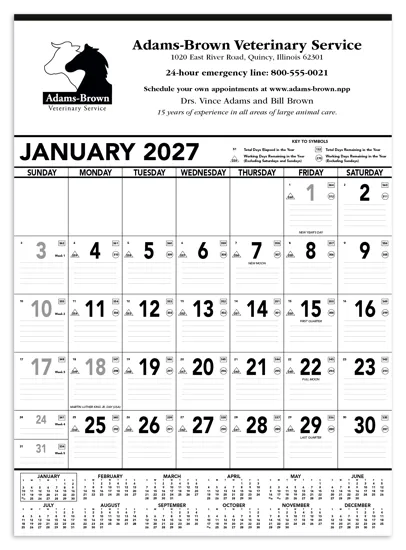 Black White Contractor Memo Calendar Julian Dates - 25 x 18 in