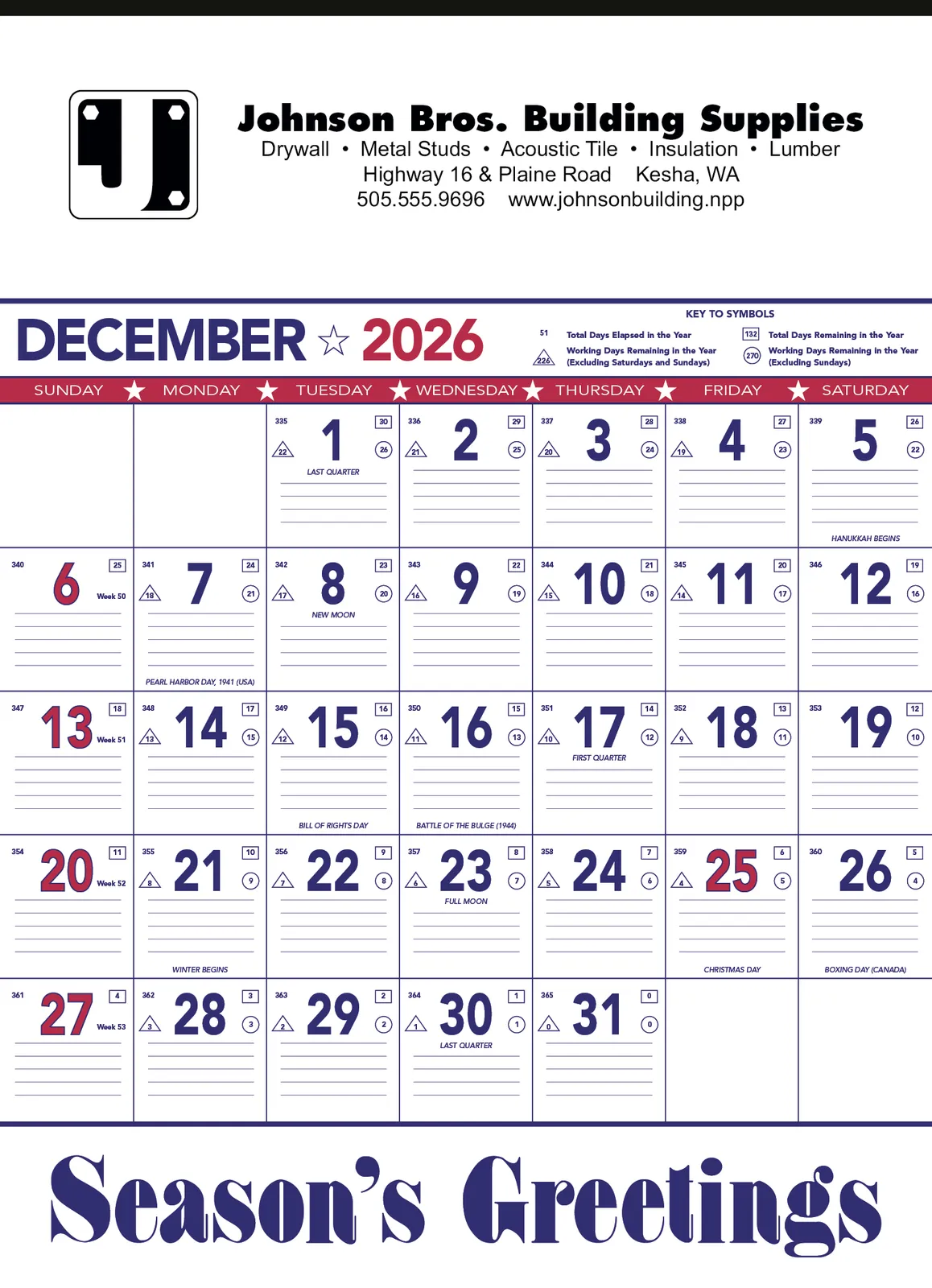Patriotic Wall Calendar Red Blue Grid Julian Dates - 25 x 18 in - product view 3