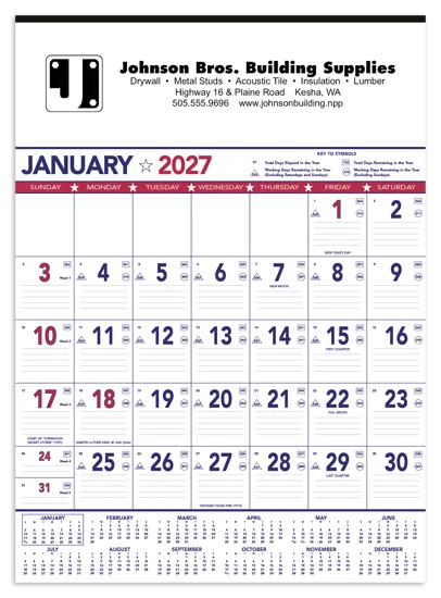 Patriotic Wall Calendar Red Blue Grid Julian Dates - 25 x 18 in