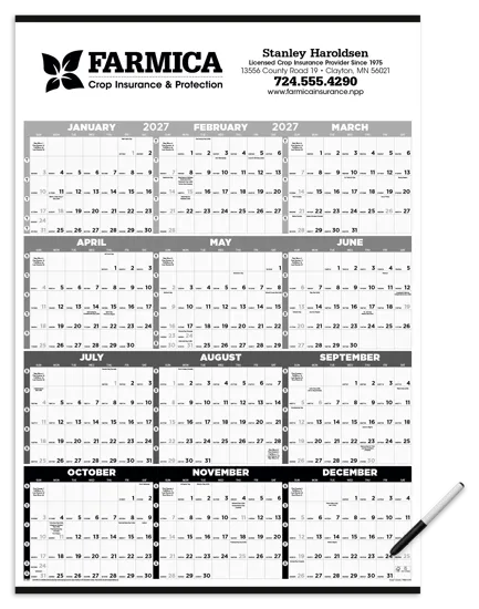 Black White Laminated Span Calendar with Marker - 38 x 27 in