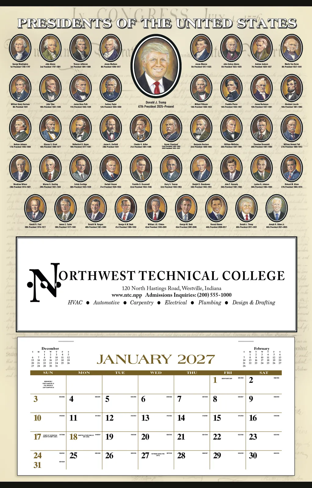 Presidents Hanger Calendar Declaration Background - 28 x 18 in - product view 2