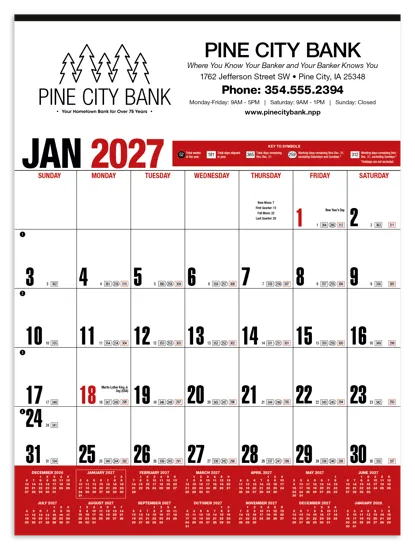 Yearly Record Wall Calendar Red Grid FSC Paper - 24.25 x 18 in