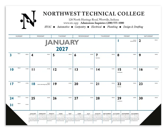 Blue Black Desk Pad Calendar Vinyl Corners - 17 x 22 in