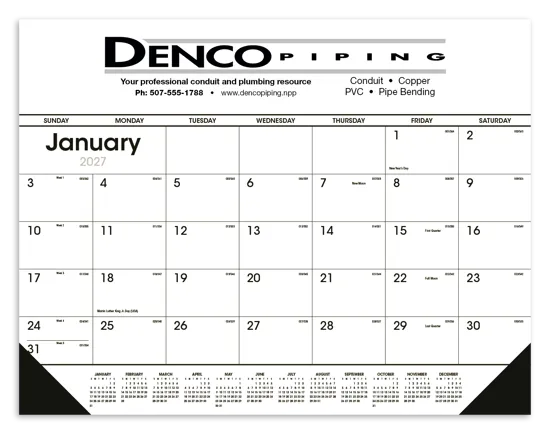 Black White Desk Pad Calendar Vinyl Corners - 17 x 22 in