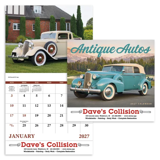 Antique Autos Wall Calendar Stapled FSC Paper - 19 x 11 in