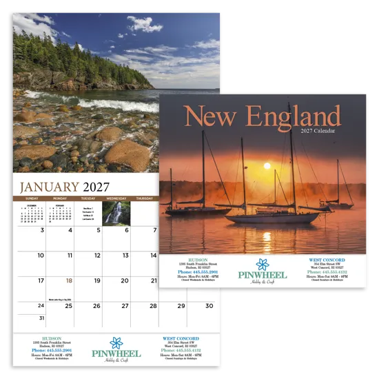 New England Wall Calendar Historic Stapled FSC - 19 x 11 in