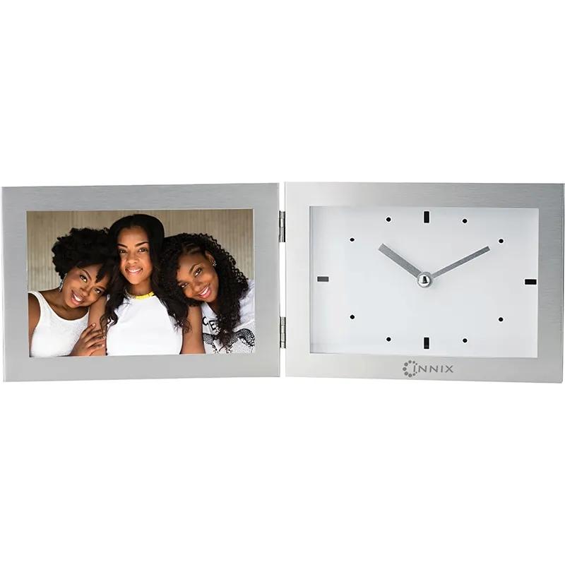Clock Photo Frame Brushed Aluminum Desktop - 6 x 4 in