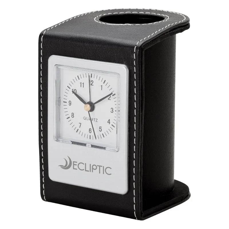 Desk Clock Pen Cup Leatherette Alarm - 2 3/4 x 4 1/4 in - product view 2