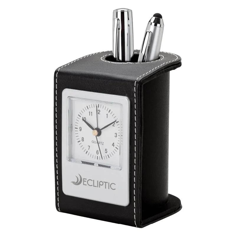 Desk Clock Pen Cup Leatherette Alarm - 2 3/4 x 4 1/4 in - product view 3