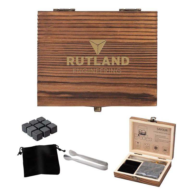Whiskey Stone Set 11-Piece Basalt Wooden Box - 5 in W