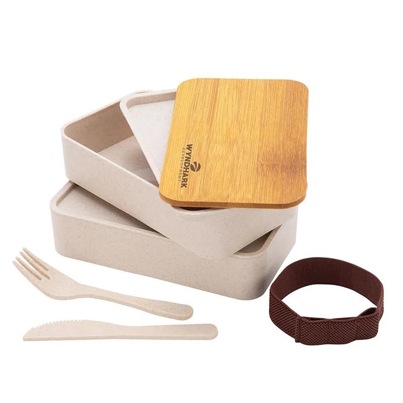 Bamboo Bento Lunch Box Set with Cutlery - 2 Compartment - product view 4