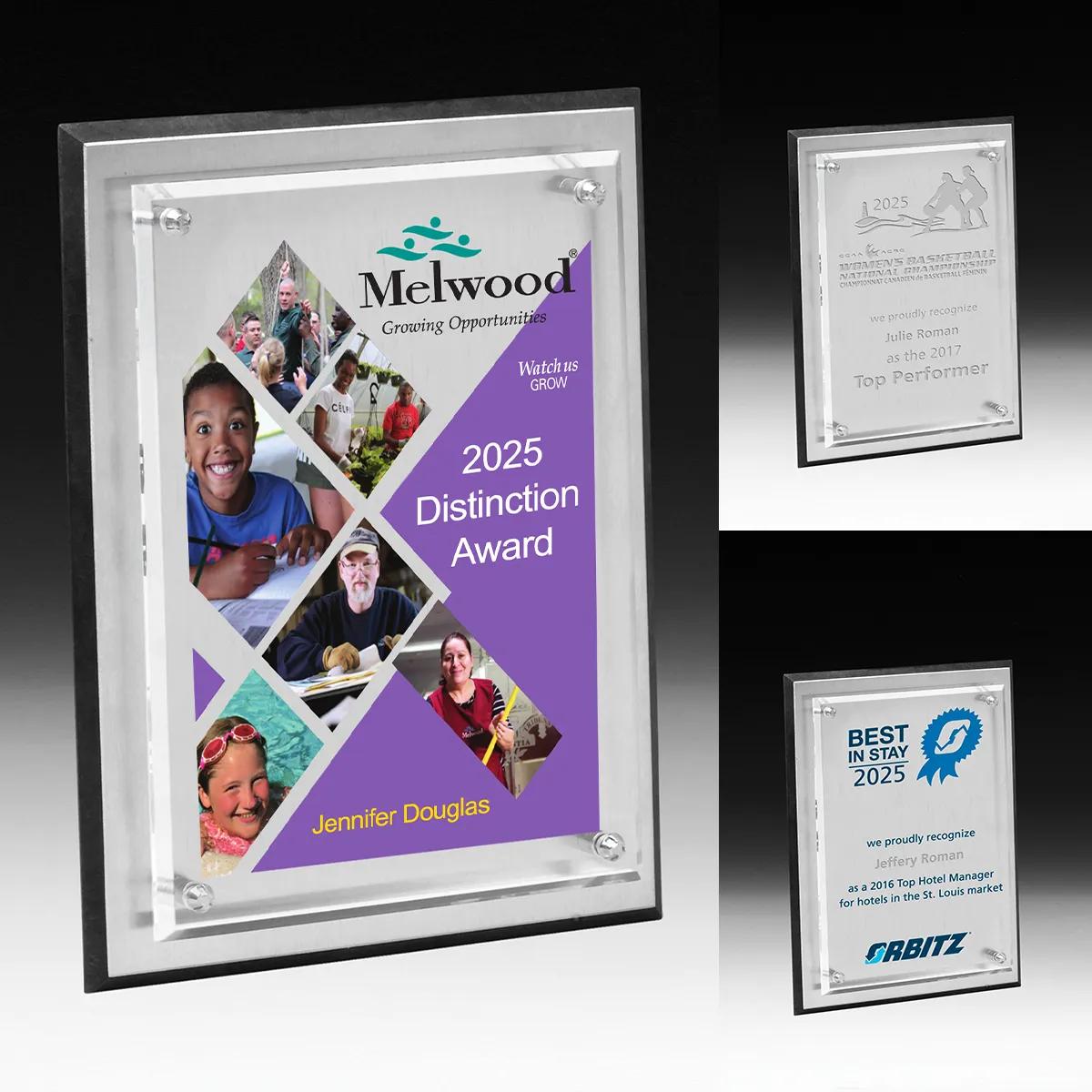 Brushed Aluminum Plaque Clear Panel Chrome Hardware - 9 x 12 in