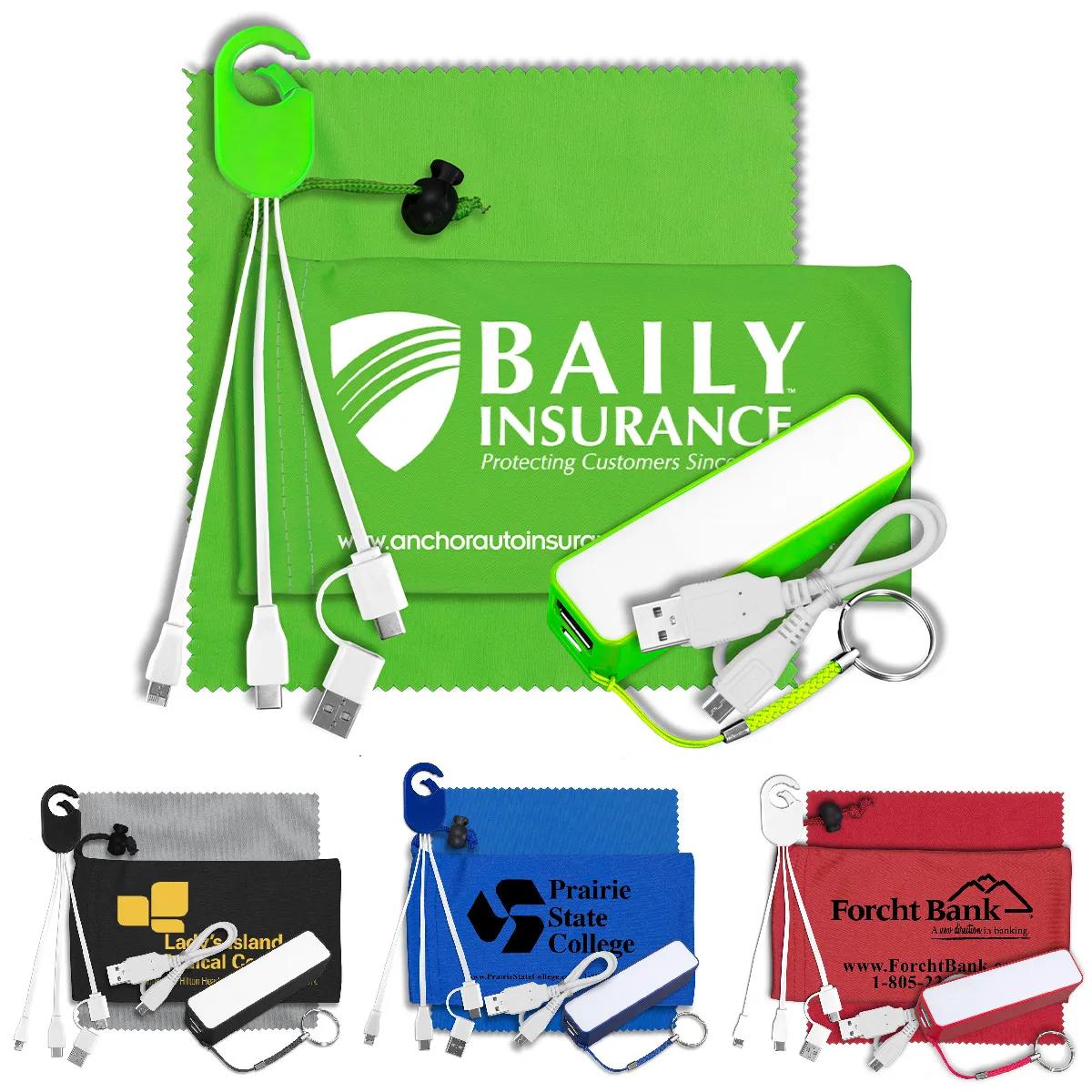 "CHARGEBANK" Mobile Tech Power Bank Accessory Kit with Charging Cables and Microfiber Cloth in Microfiber Cinch Pack Components inserted into Microfiber Kit - product view 1