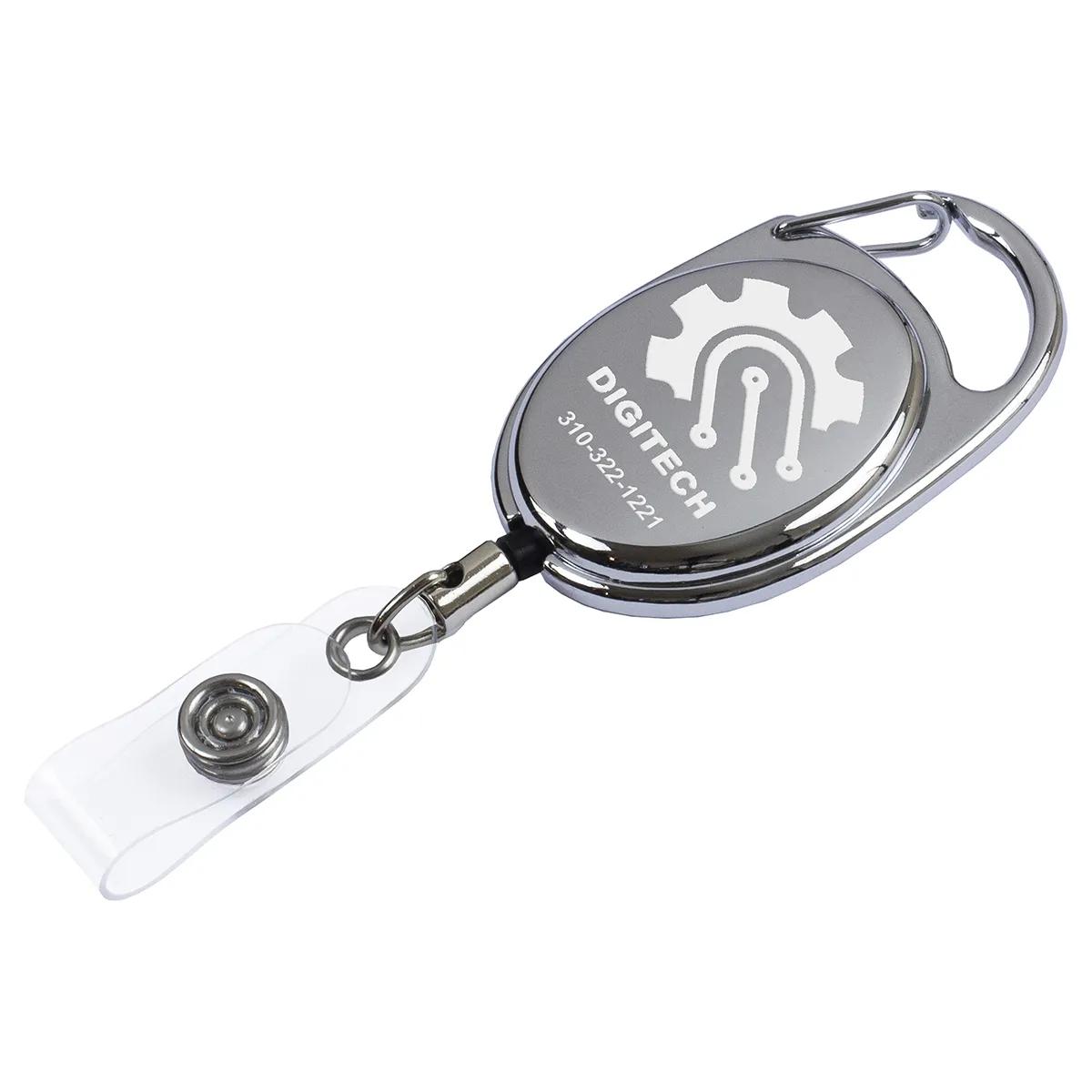 Badge Reel Retractable Chrome Metal Laser Engraved - 1.375 x 2 in - product view 2