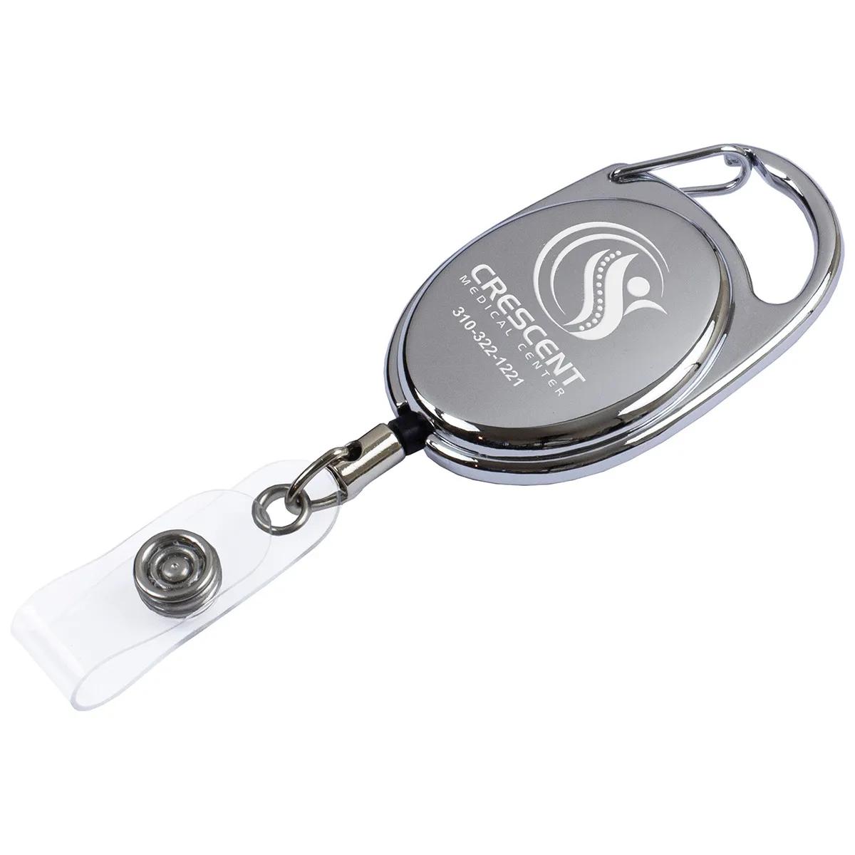 Badge Reel Retractable Chrome Metal Laser Engraved - 1.375 x 2 in - product view 3