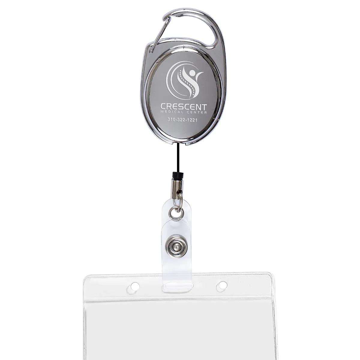 Badge Reel Retractable Chrome Metal Laser Engraved - 1.375 x 2 in - product view 4