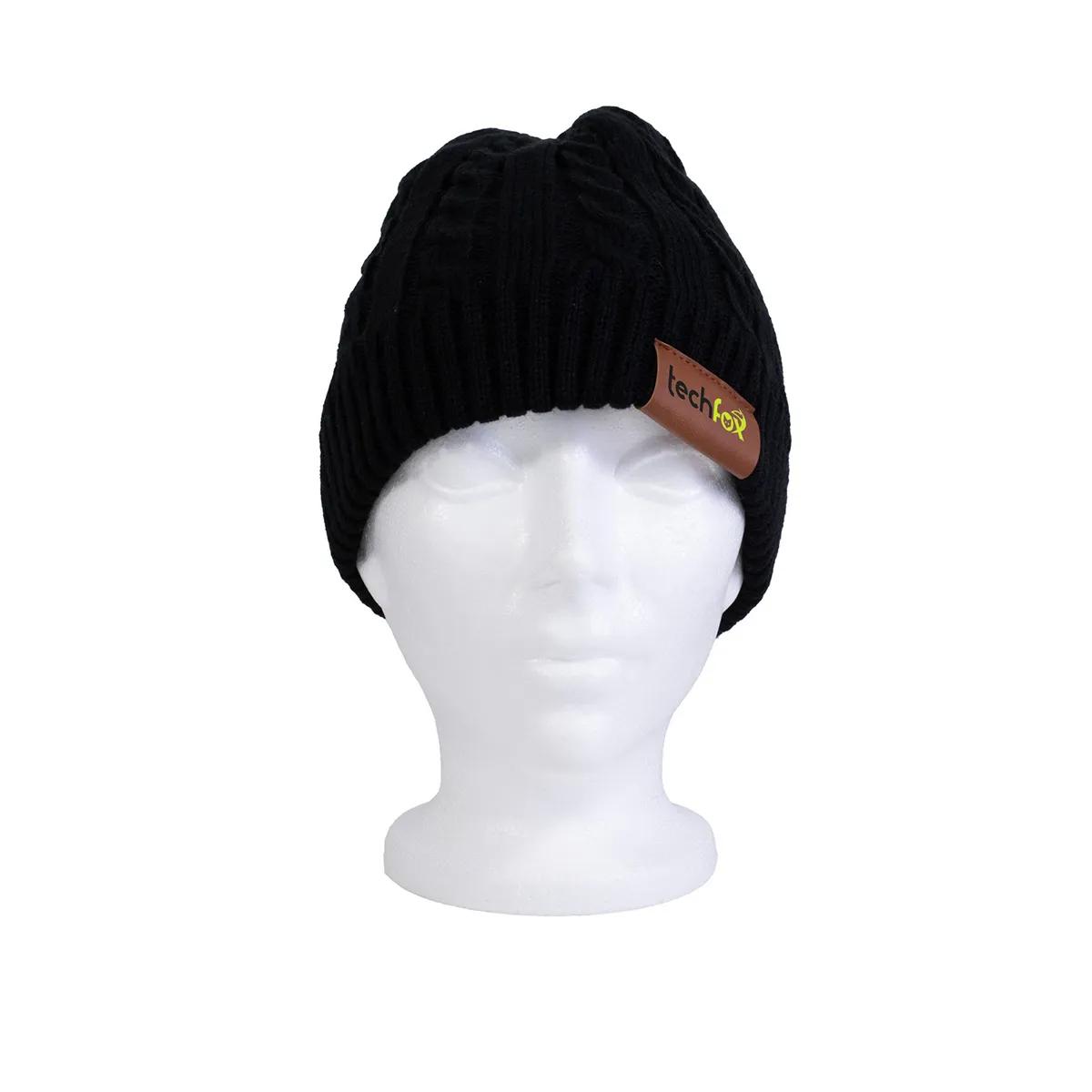 Cable Knit Beanie Fluffy Lined Faux Leather Patch - 8.75 x 9 in - product view 3