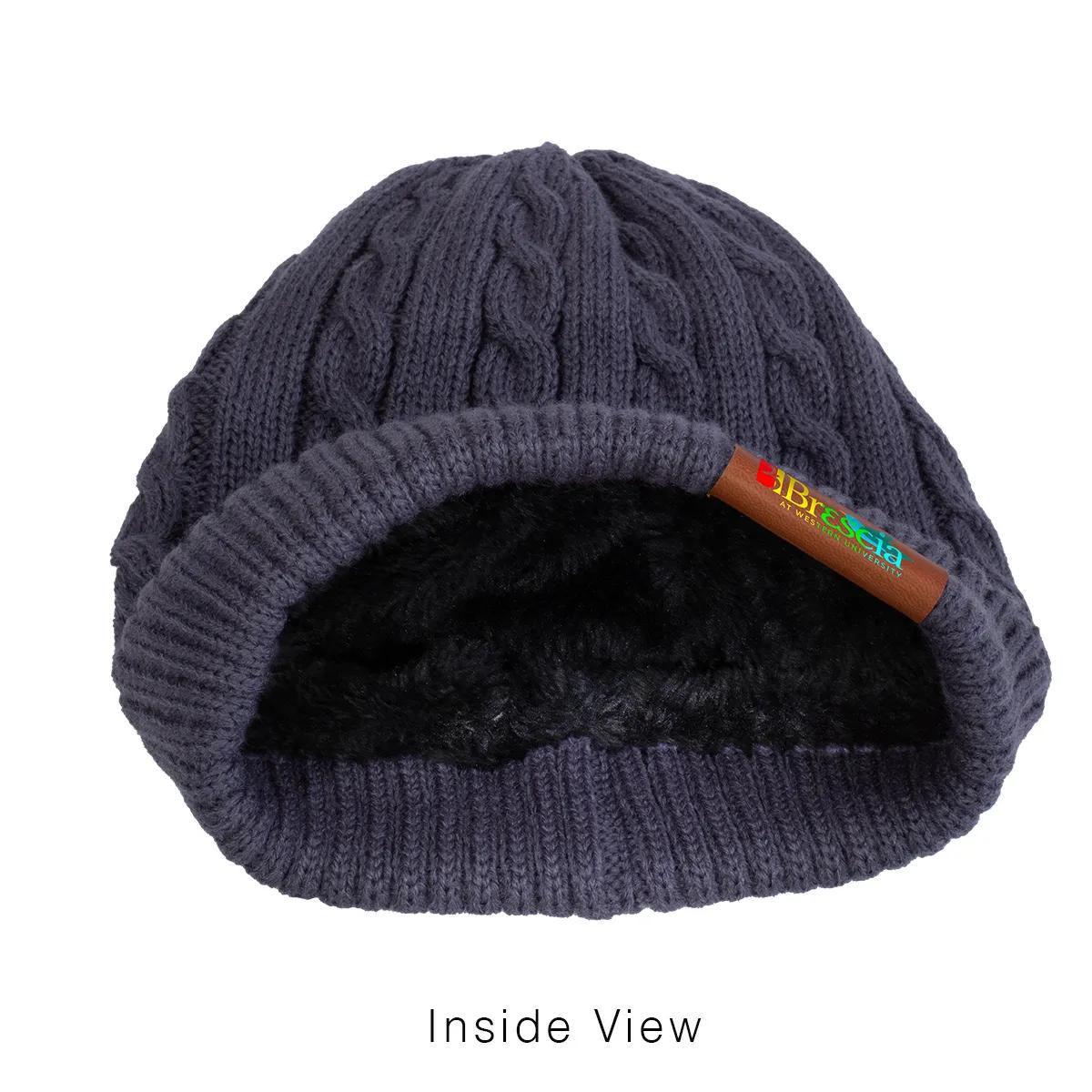 Cable Knit Beanie Fluffy Lined Faux Leather Patch - 8.75 x 9 in - product view 10