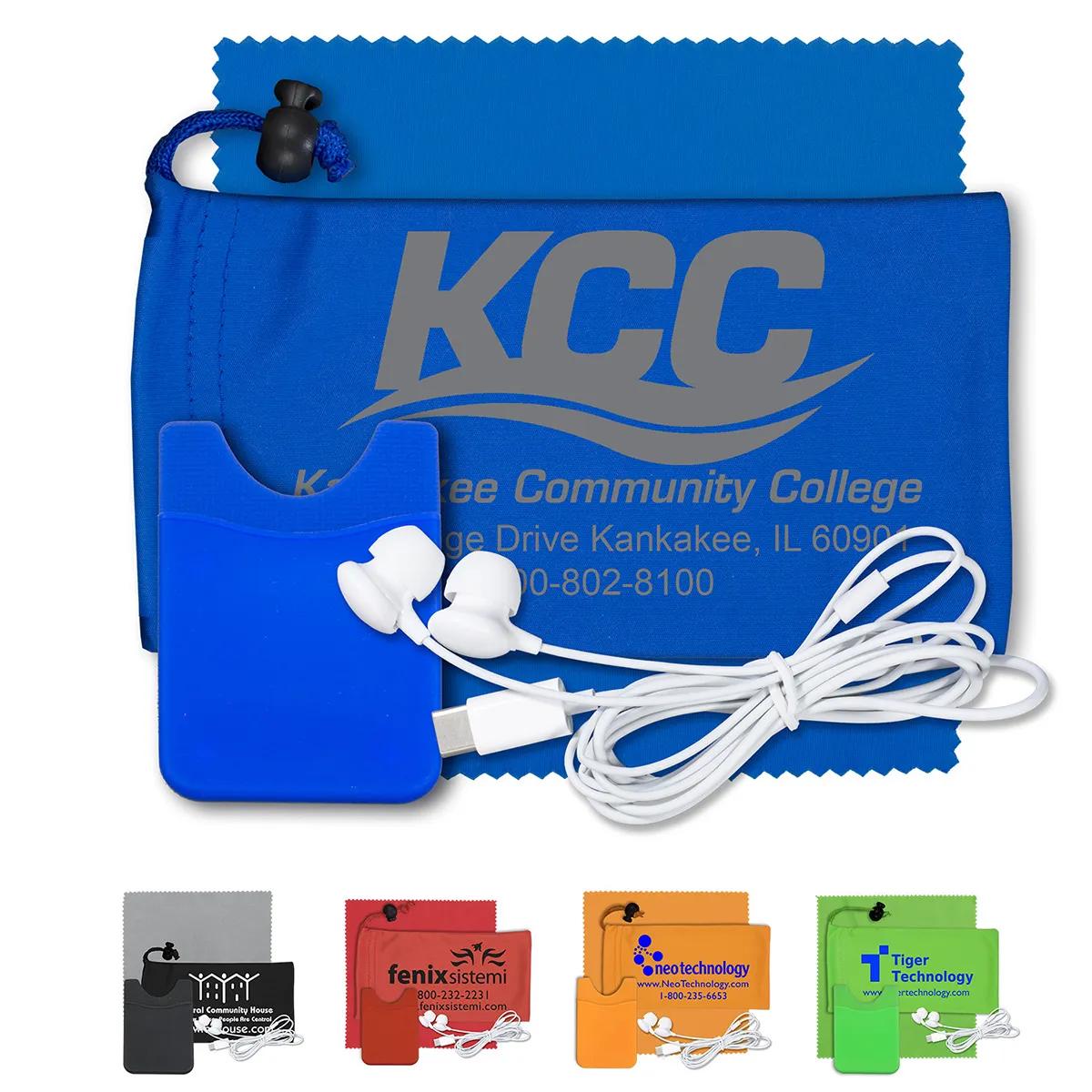 "TUNEBOOM LUX" Mobile Tech Earbud Kit with Microfiber Cloth, Silicone Cell Phone Wallet in Microfiber Cinch Kit - product view 1