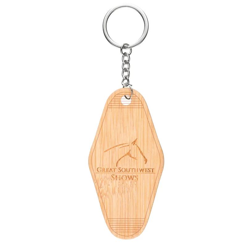 Vintage Motel Style Keychain Bamboo Tag Laser Engraved - 3.5 x 1.75 in