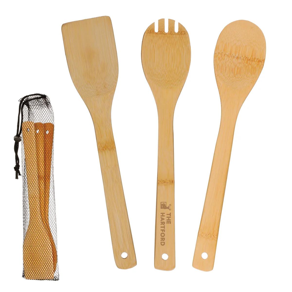 Bamboo Cooking Utensil Set 3 Piece Turner Spoon Fork - 11.75 x 2.5 in