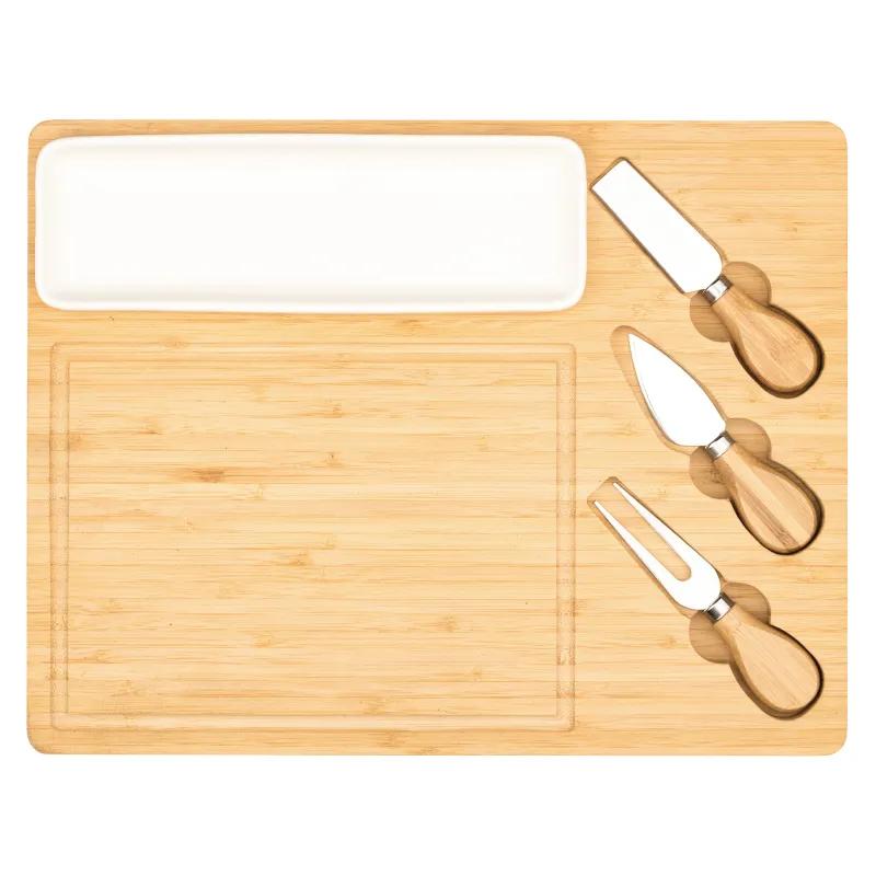 Bamboo Cheese Board Set Ceramic Tray 3 Knives - 14 x 11 in - product view 2