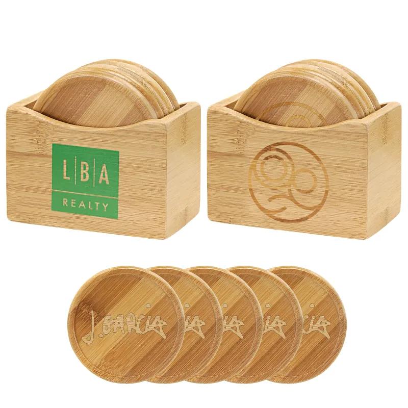 Bamboo Coaster Set Round with Stand 5 Piece - 4.25 x 4 in
