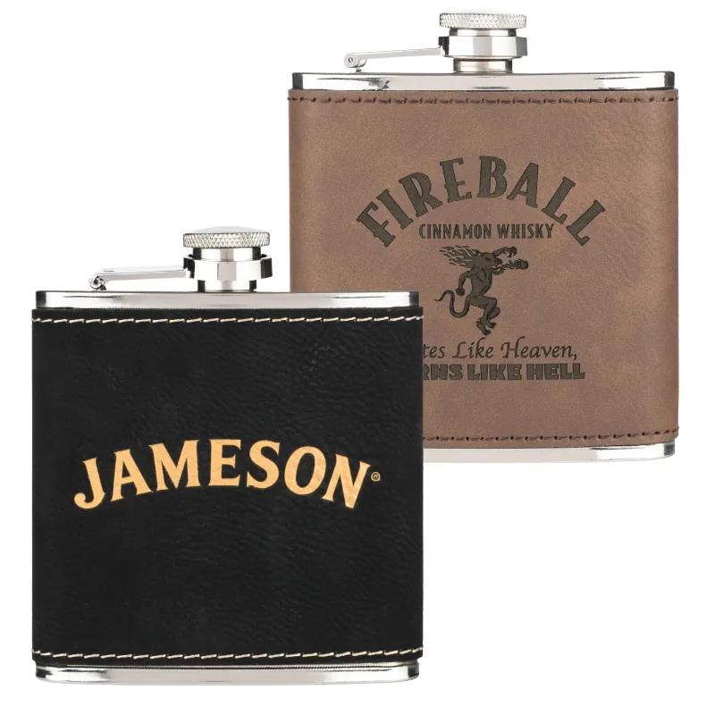 Leatherette Hip Flask Wrapped Stainless Steel Stitched - 6 oz