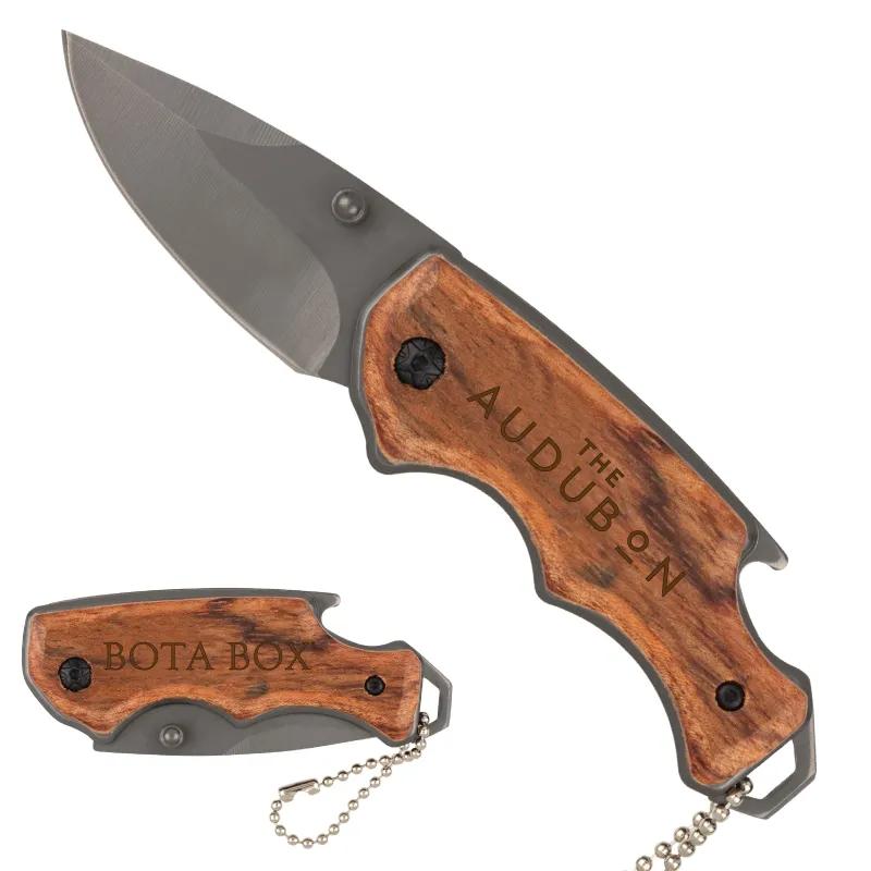 Folding Knife with Wooden Handle Beaded Chain - 3.4 in