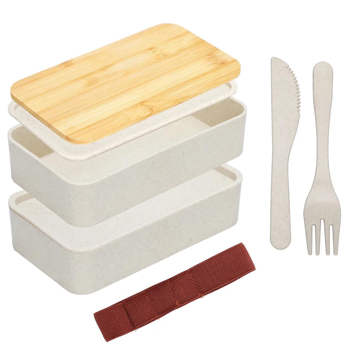 Lunch Box Set Wheat Straw Bento Bamboo Cover - 7.4 in - product view 3