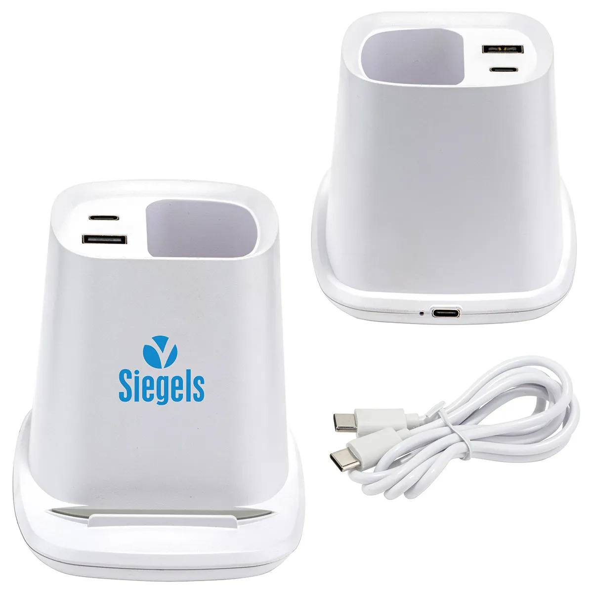 Annex Wireless Charging Stand with Dual Ports & Pen Holder - promotional product with custom logo