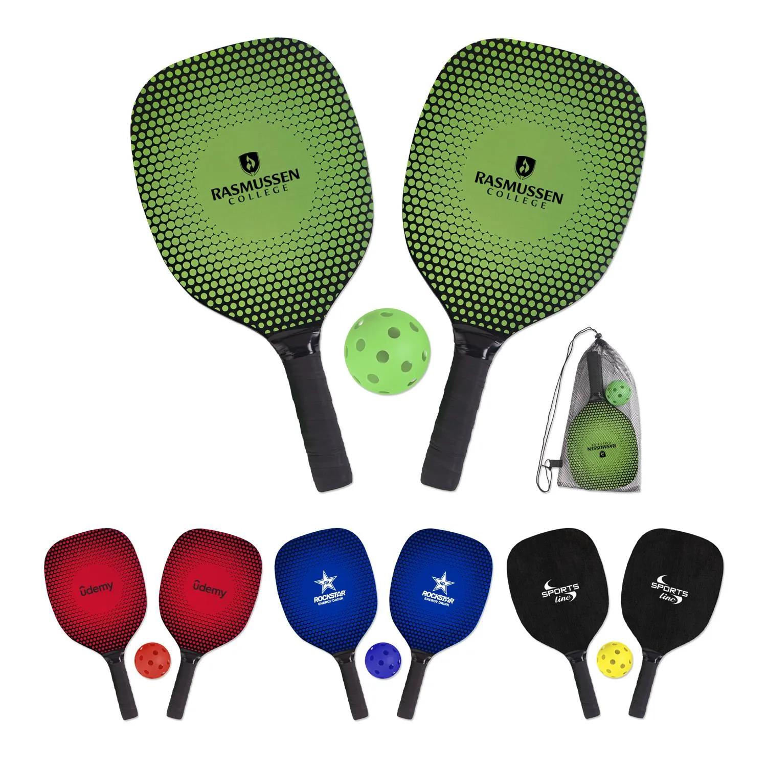 Pickleball Set Wood Paddles Mesh Bag Complete Kit