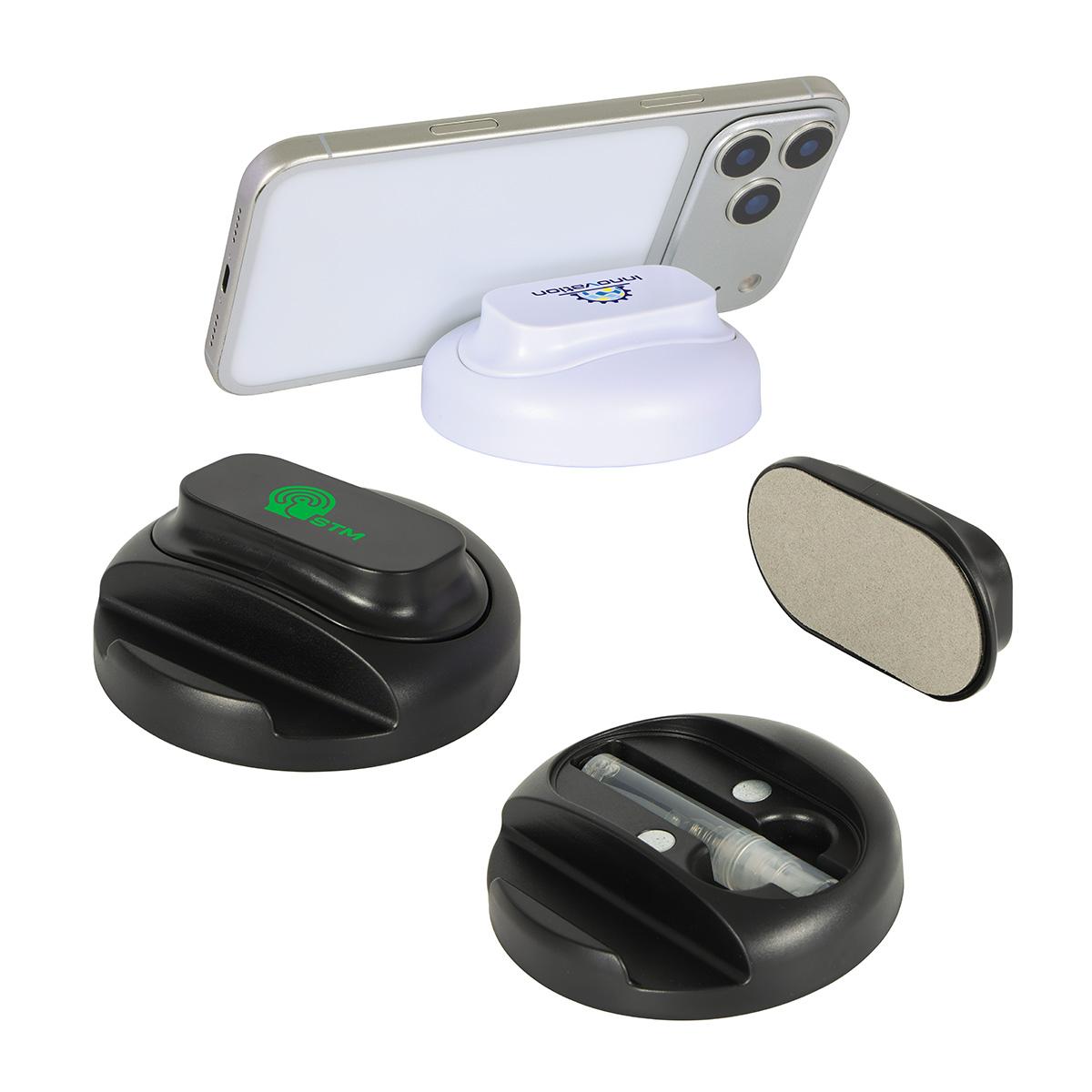 Asana Phone Stand with Built-In Screen Cleaner & Spray - promotional product with custom logo