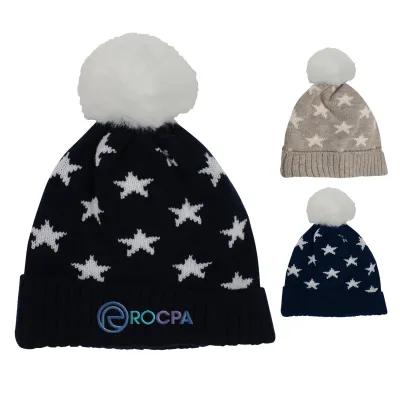 Beanie Star Pom Acrylic Knit Hat (One Size Fits Most)