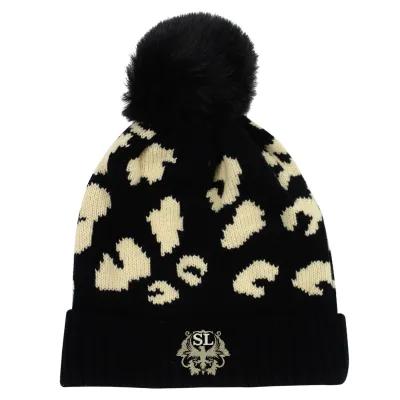 Beanie Leopard Print Pom Acrylic (One Size Fits Most)