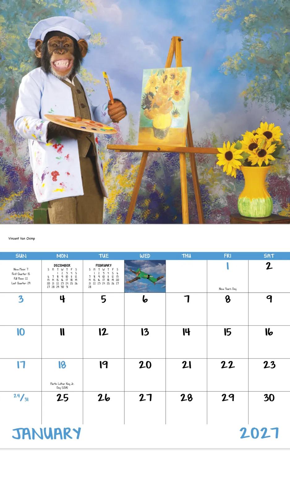 Monkey Mischief Wall Calendar Stapled FSC Paper - 19 x 11 in - product view 9