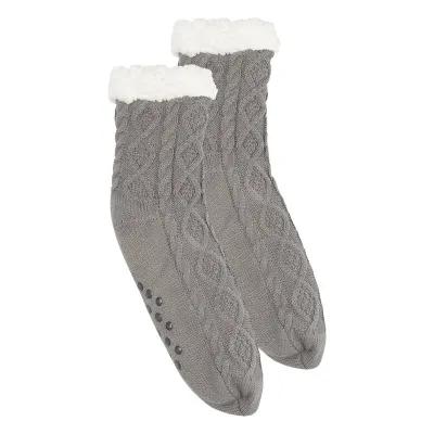 Slipper Socks Cable Knit Sherpa Lined Non-Skid (One Size) - product view 2