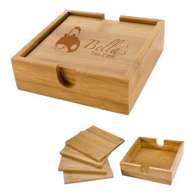 Bamboo Coaster Set with Holder Biodegradable - 4 in