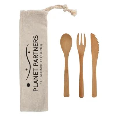 Bamboo Utensil Set with Cotton Travel Pouch - 6 in Utensils