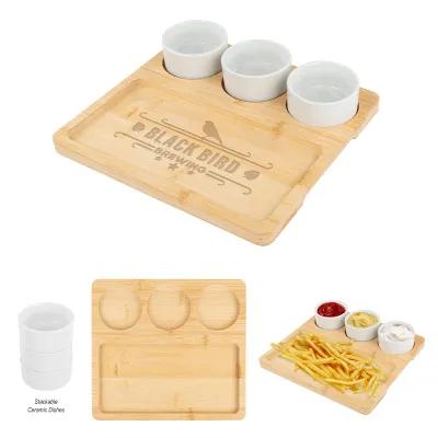 Bamboo Serving Tray with Ceramic Bowls 3 Piece - 9.5 in