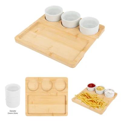Bamboo Serving Tray with Ceramic Bowls 3 Piece - 9.5 in - product view 2